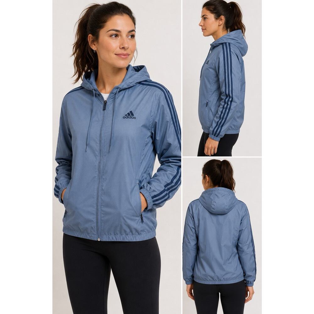 Adidas Hooded Windbreaker Jacket Womens Small Blue Full Zip Lightweight